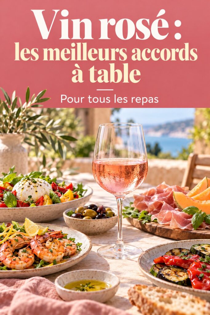 Bouteille de vin rosé sur table élégante avec assortiments de plats d'été