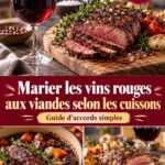 Gros plan sur une table dressée avec des viandes et des bouteilles de vin rouge, illustrant les accords parfaits en gastronomie.