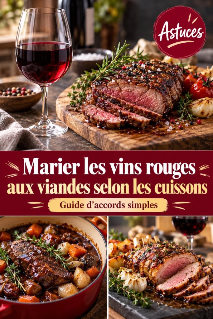 Gros plan sur une table dressée avec des viandes et des bouteilles de vin rouge, illustrant les accords parfaits en gastronomie.