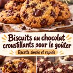 Biscuits au chocolat croustillants sur une assiette en bois, décorés de pépites de chocolat.