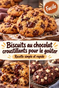 Biscuits au chocolat croustillants sur une assiette en bois, décorés de pépites de chocolat.