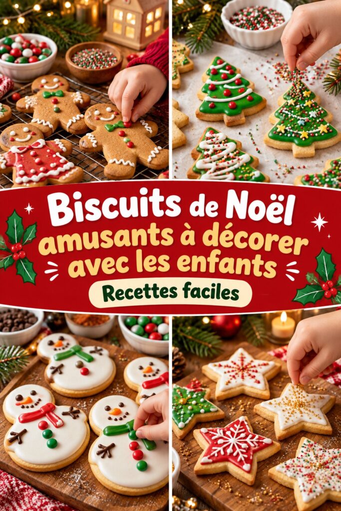 Biscuits de Noël colorés décorés par des enfants joyeux en cuisine