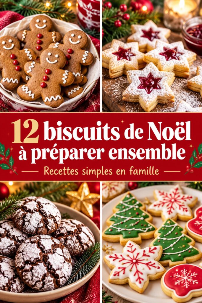 Assortiment de biscuits de Noël décorés, prêts à être partagés en famille.