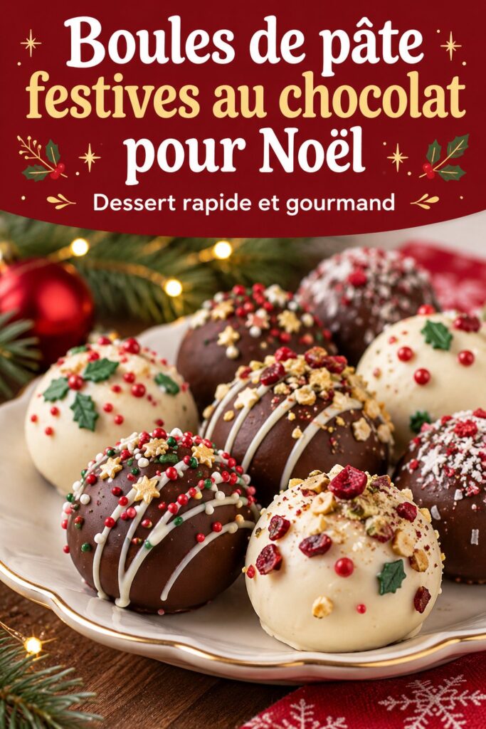 Boules de pâte au chocolat festives pour Noël sur une table.