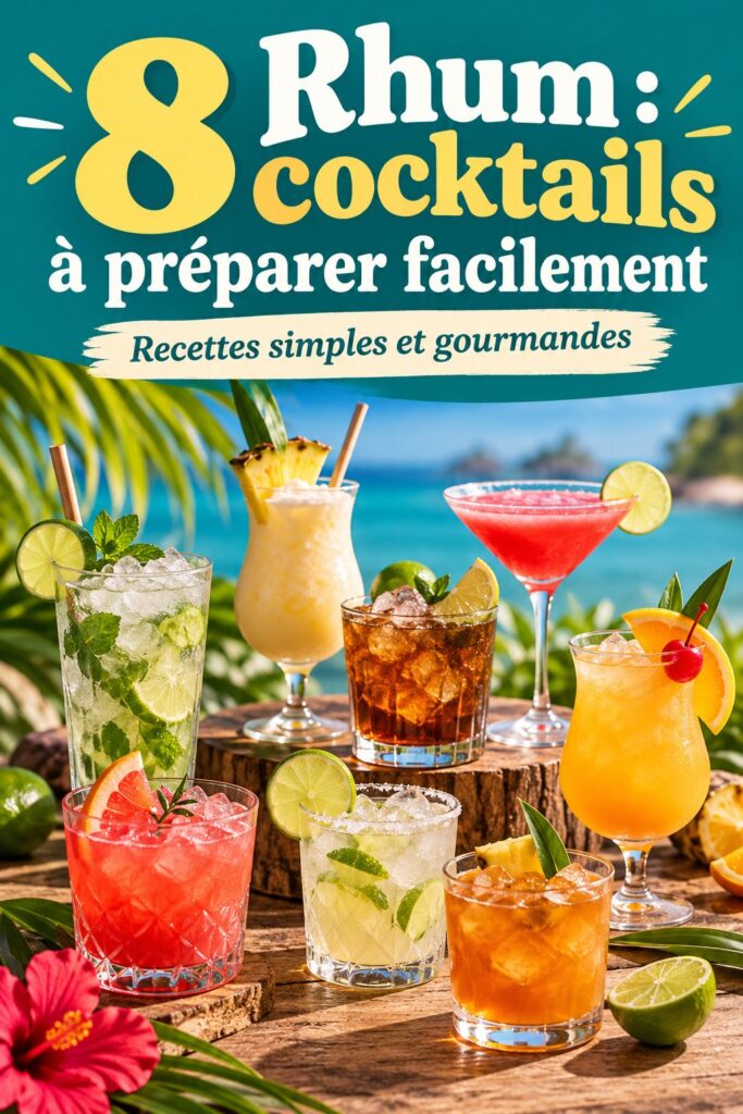 Assortiment de cocktails au rhum colorés servis dans des verres élégants.