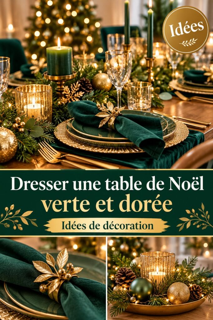 Mise en place d'une table de Noël élégante décorée en vert et doré