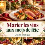 Une table élégamment dressée avec des plats de fête et des bouteilles de vin assorties, évoquant l'art des accords vins et mets.