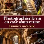Photographie d'une bouteille de vin en cave souterraine avec ambiance chaleureuse.