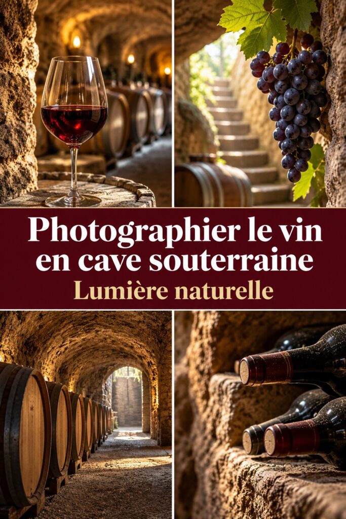 Photographie d'une bouteille de vin en cave souterraine avec ambiance chaleureuse.
