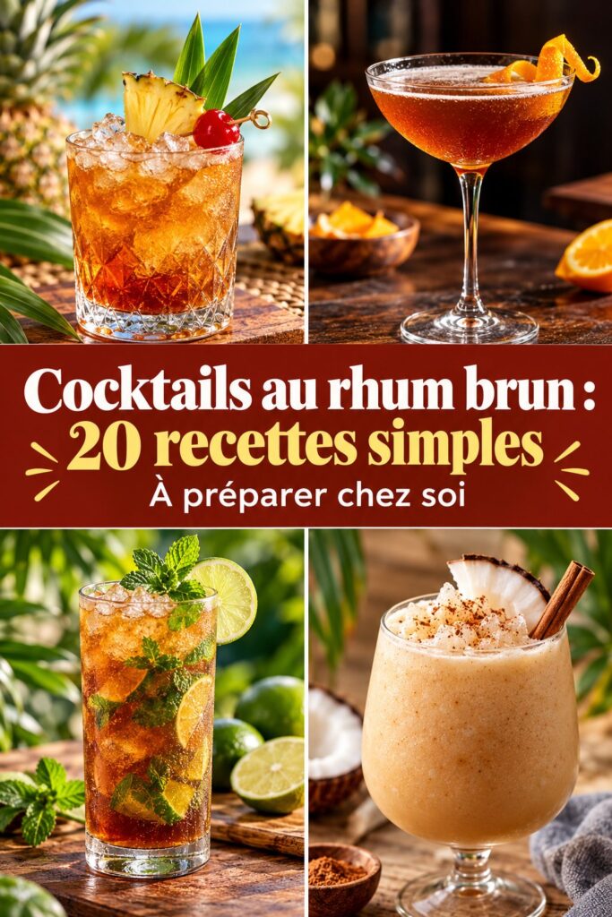 Cocktails au rhum brun garnis de fruits frais et d'herbes.