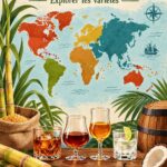 Un assortiment de bouteilles de rhum provenant de différentes origines, exposées sur une table en bois.
