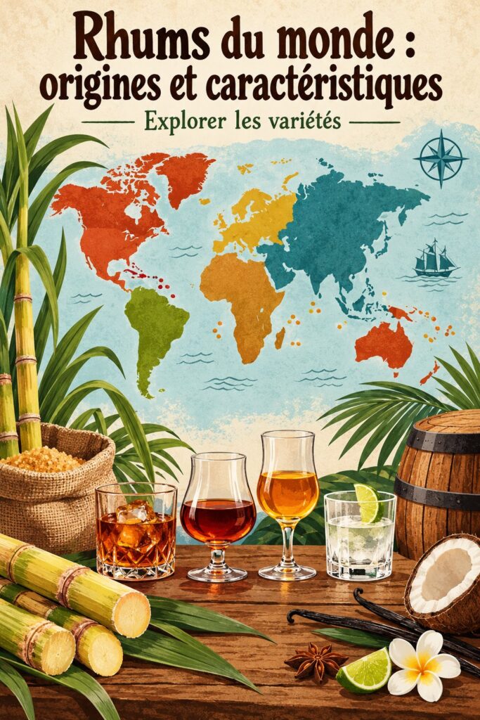 Un assortiment de bouteilles de rhum provenant de différentes origines, exposées sur une table en bois.