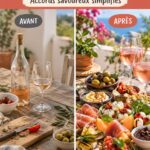 Une table élégamment dressée avec un verre de rosé et une sélection de tapas colorées.