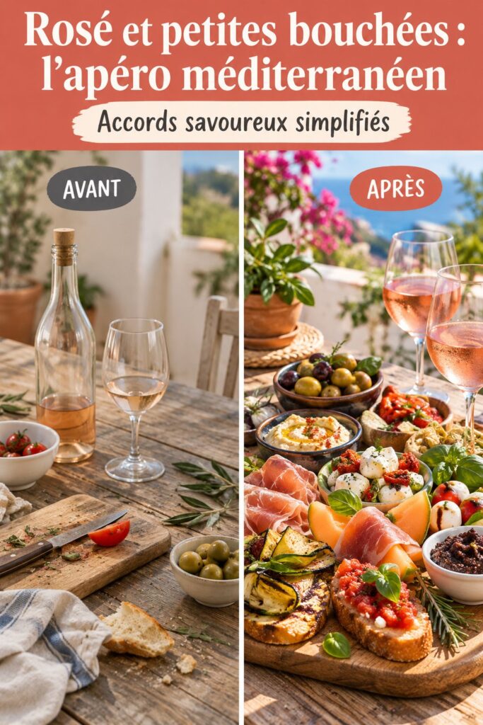 Une table élégamment dressée avec un verre de rosé et une sélection de tapas colorées.